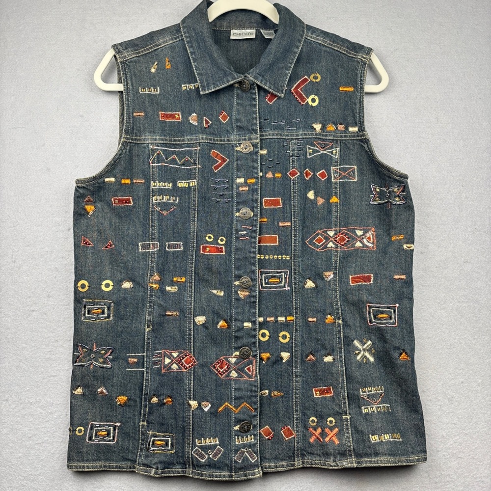 Chico's Denim Vest Womens 2 Large Embroidered Beaded Button Front Western - Picture 2 of 12
